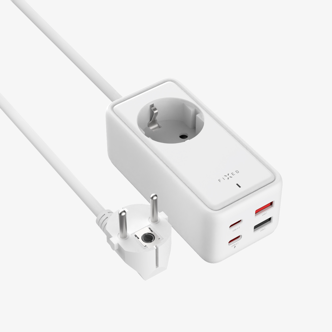 FIXED Síťový prodlužovací adaptér Charging Strip s 2x USB-C a 2x USB, GaN III, 3m, PD 65W, bílý