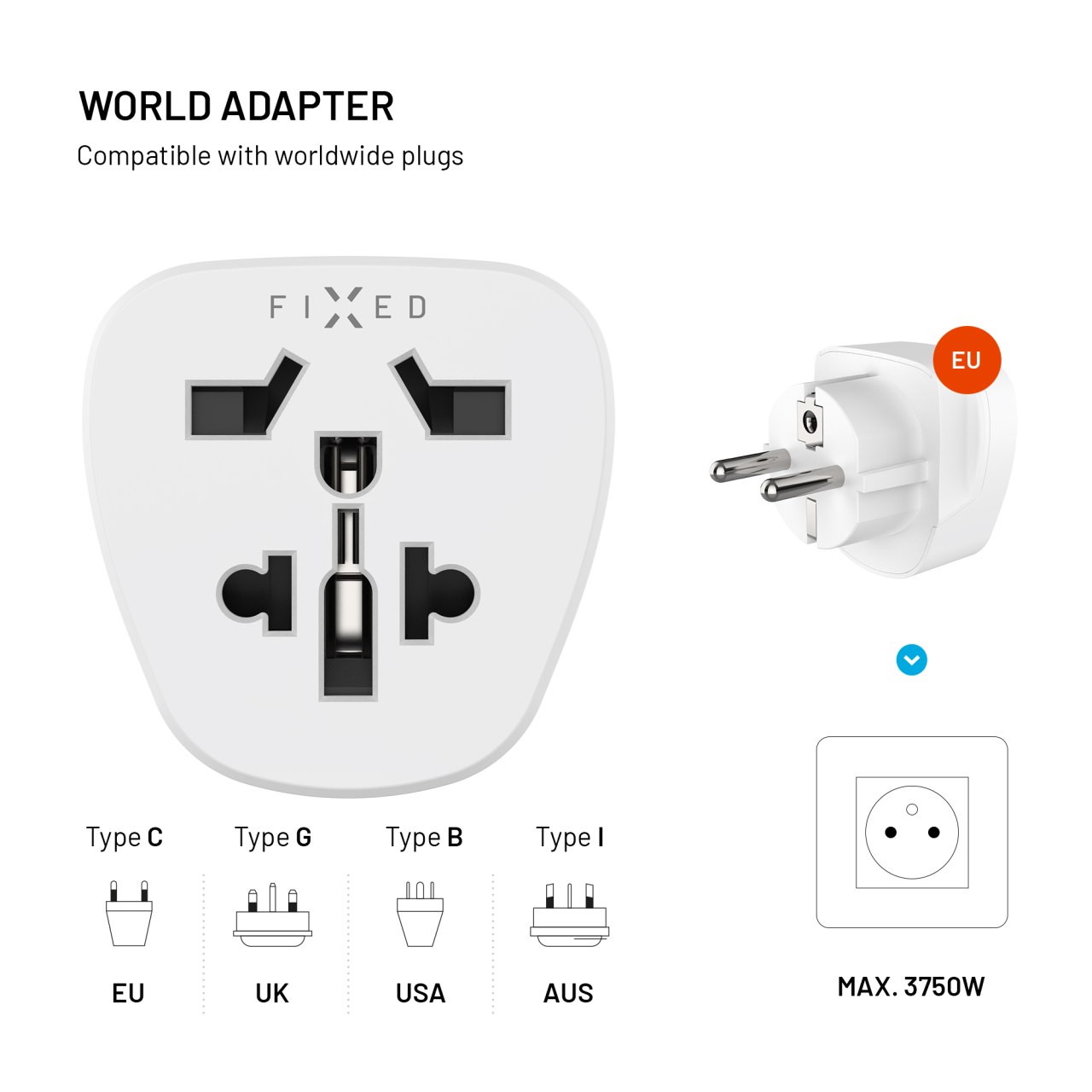 Adaptér FIXED EU Adapter 2 pro zapojení UK, US, AUS nabíječek do EU zásuvek, bílý
