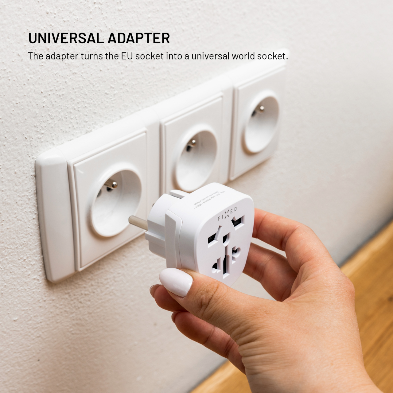 Adaptér FIXED EU Adapter 2 pro zapojení UK, US, AUS nabíječek do EU zásuvek, bílý