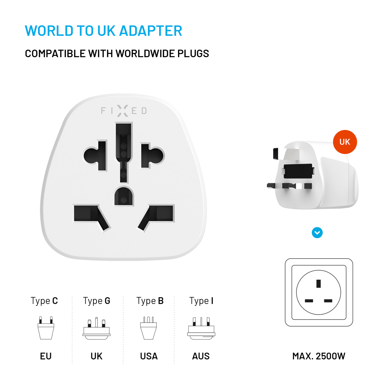 FIXED Adaptér UK  Adapter pro zapojení UK, US, AUS nabíječek do UK zásuvek, bílý