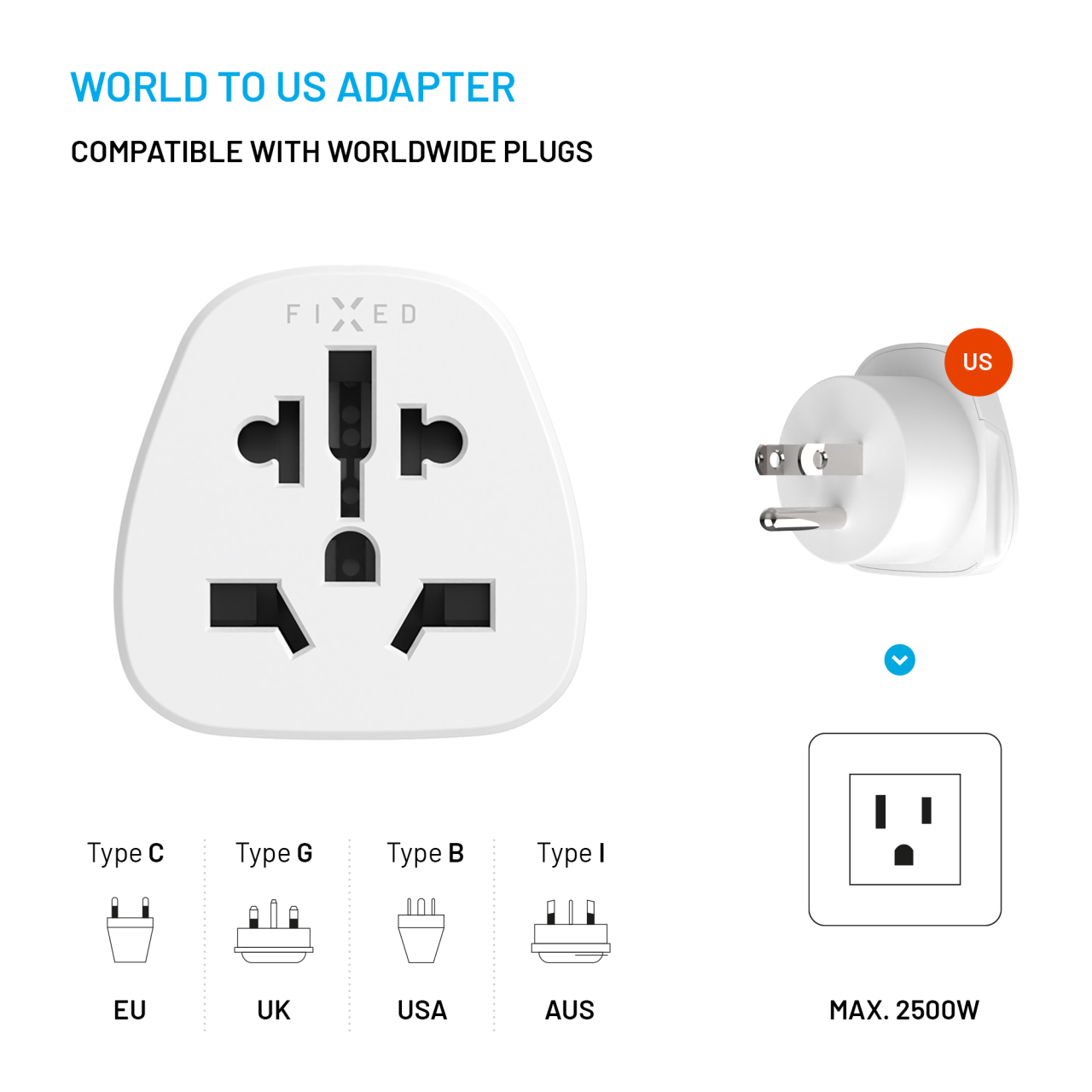 FIXED Adaptér USA Adapter pro zapojení UK, US, AUS nabíječek do USA zásuvek, bílý