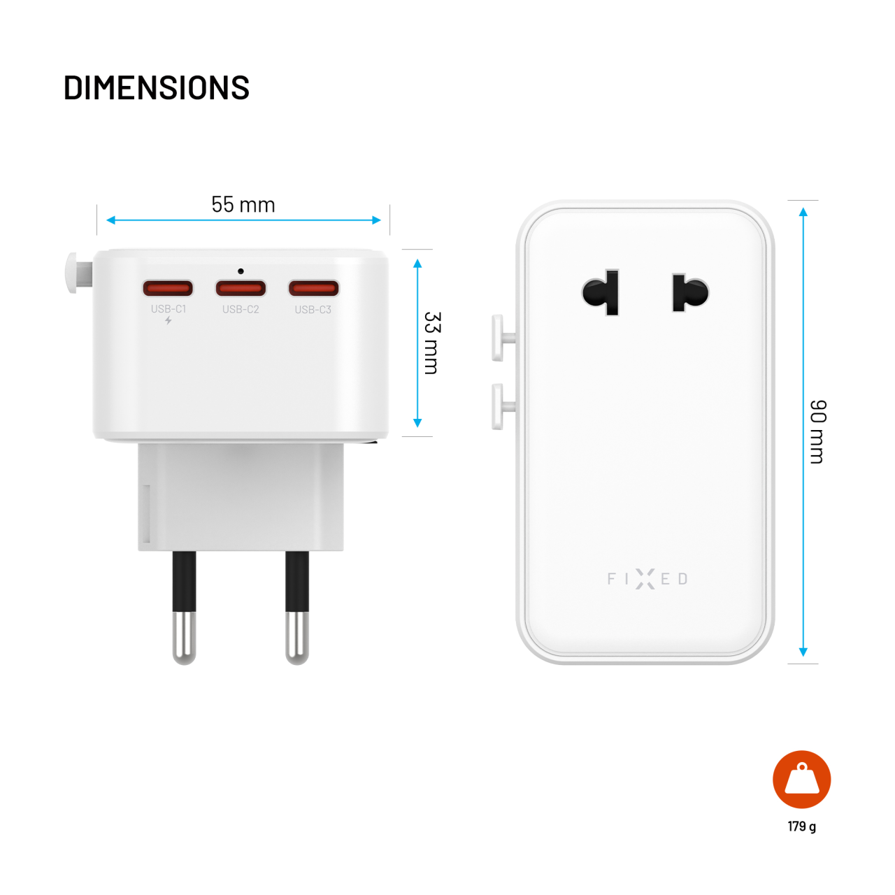 Cestovní adaptér 45W 45W pro EU, UK a USA/AUS, s 3xUSB-C a USB výstupem, GaN - Fixed Voyager Slim, bílý
