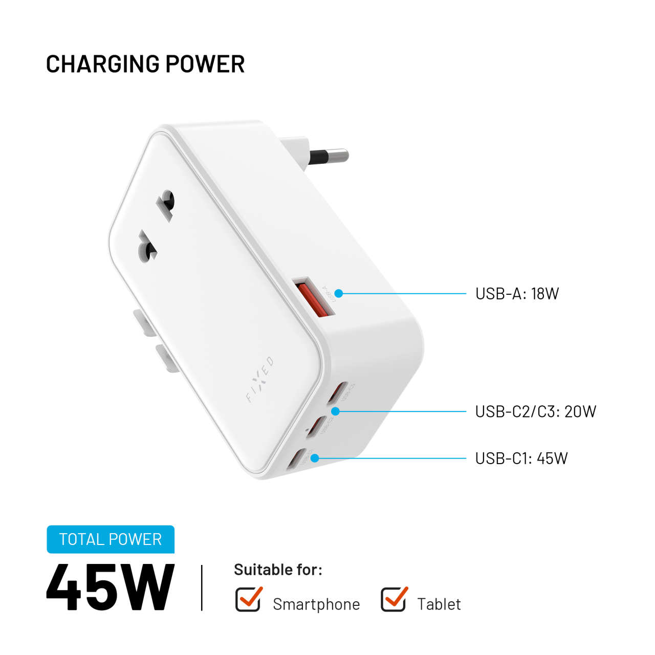 Cestovní adaptér FIXED Voyager Slim 45W bílý