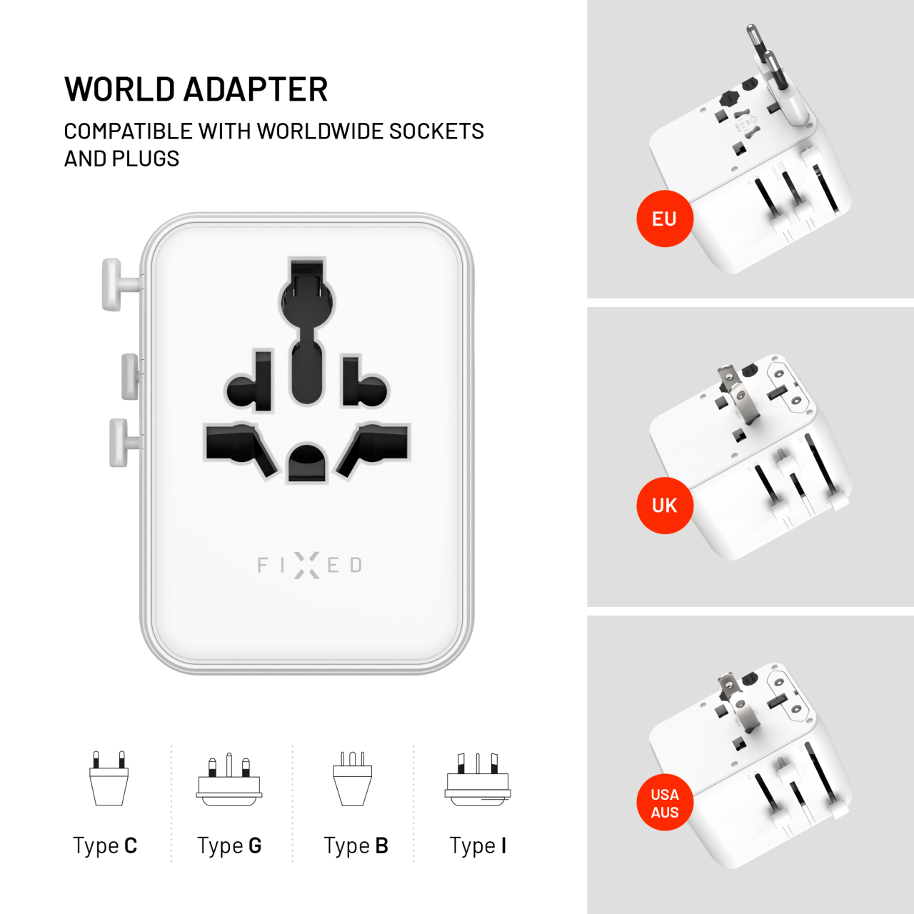 Cestovní adaptér FIXED Voyager 70W pro EU, UK a USA/AUS, s 3xUSB-C a 2xUSB výstupem, GaN, PD 70W, bílý