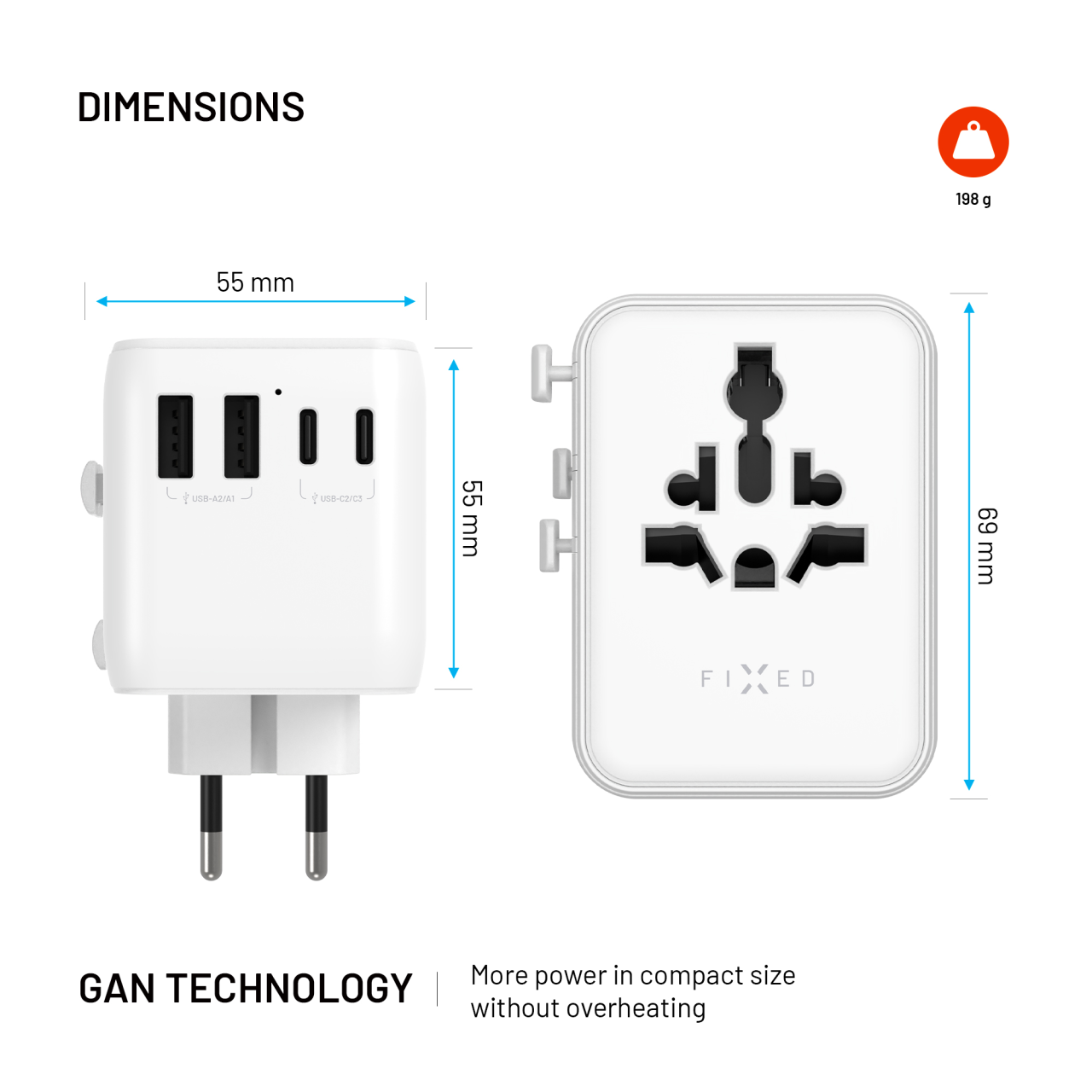 Cestovní adaptér 70W 70W pro EU, UK a USA/AUS, s 3xUSB-C a 2xUSB výstupem, GaN - Fixed Voyager, bílý