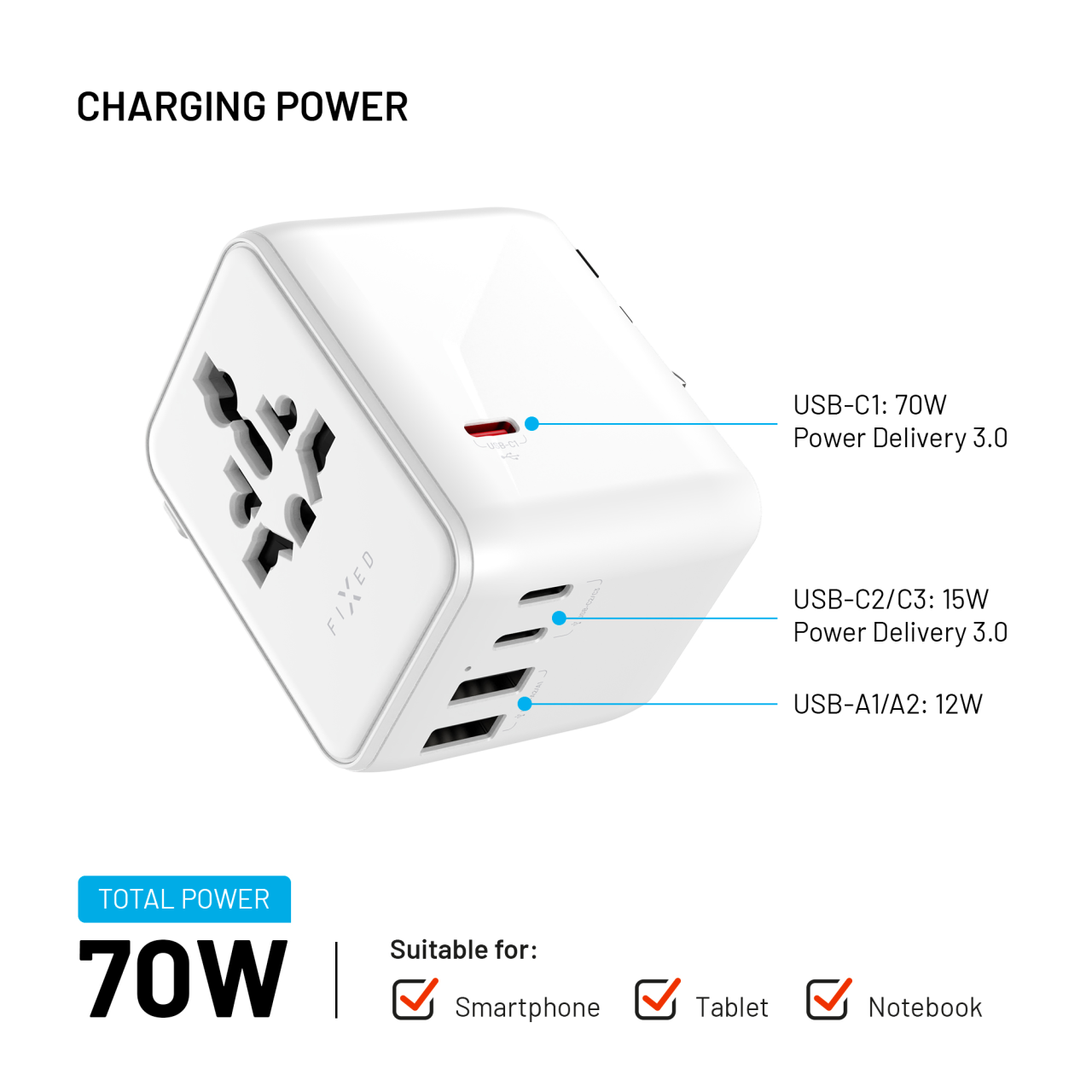 Cestovní adaptér FIXED Voyager 70W pro EU, UK a USA/AUS, s 3xUSB-C a 2xUSB výstupem, GaN, PD 70W, bílý