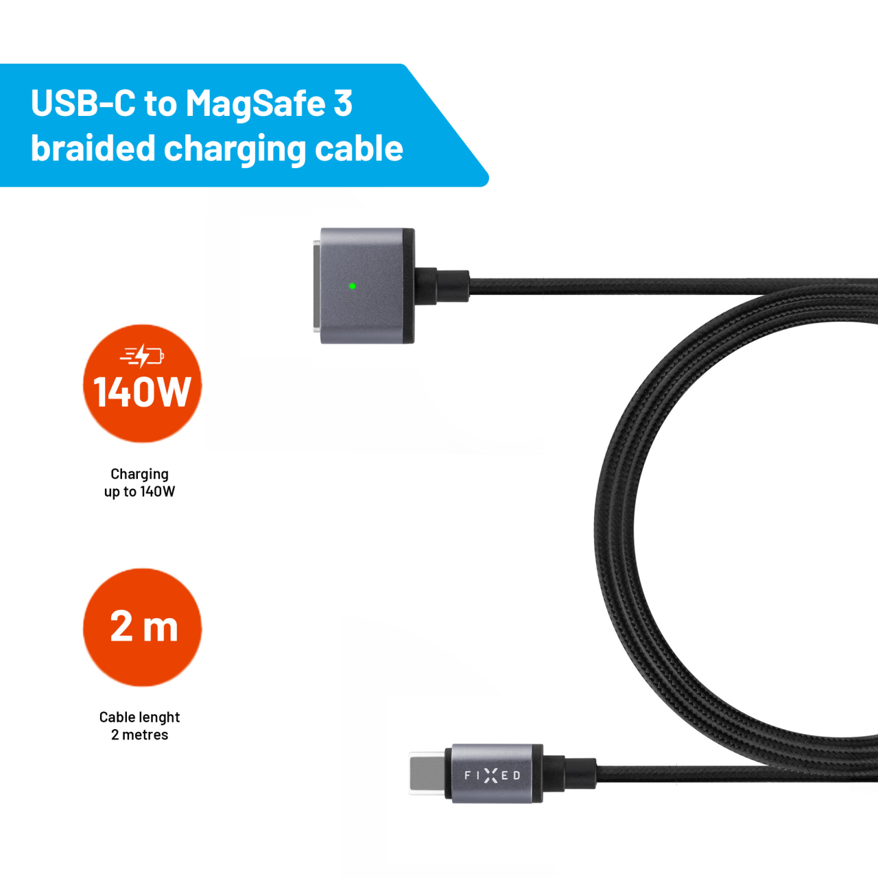 FIXED Nabíjecí opletený kabel s konektory USB-C/MagSafe 3, 2m, 140W, šedý