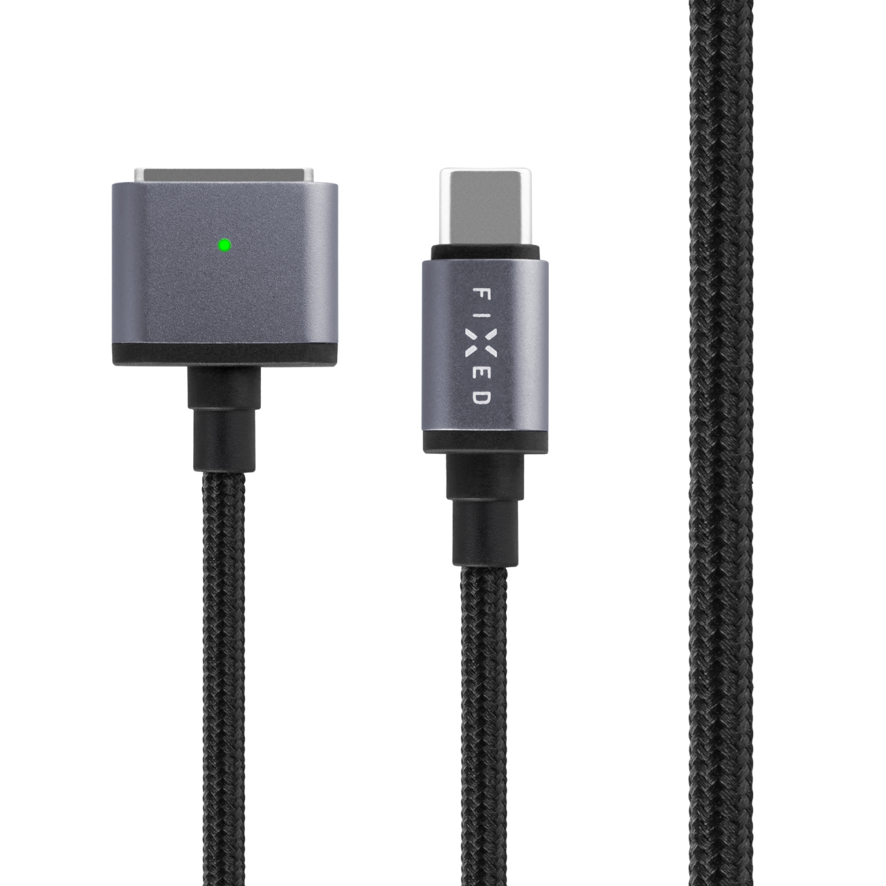 FIXED Nabíjecí opletený kabel s konektory USB-C/MagSafe 3, 2m, 140W, šedý