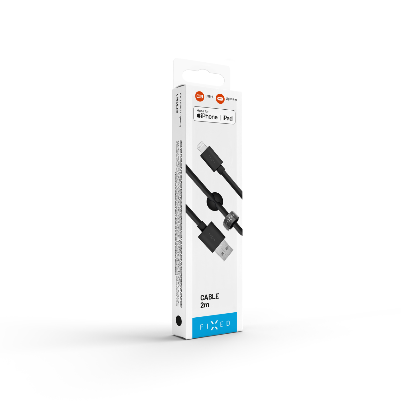 FIXED Dlouhý datový a nabíjecí kabel s konektory USB/Lightning, 2 metry, MFI certifikace, černý
