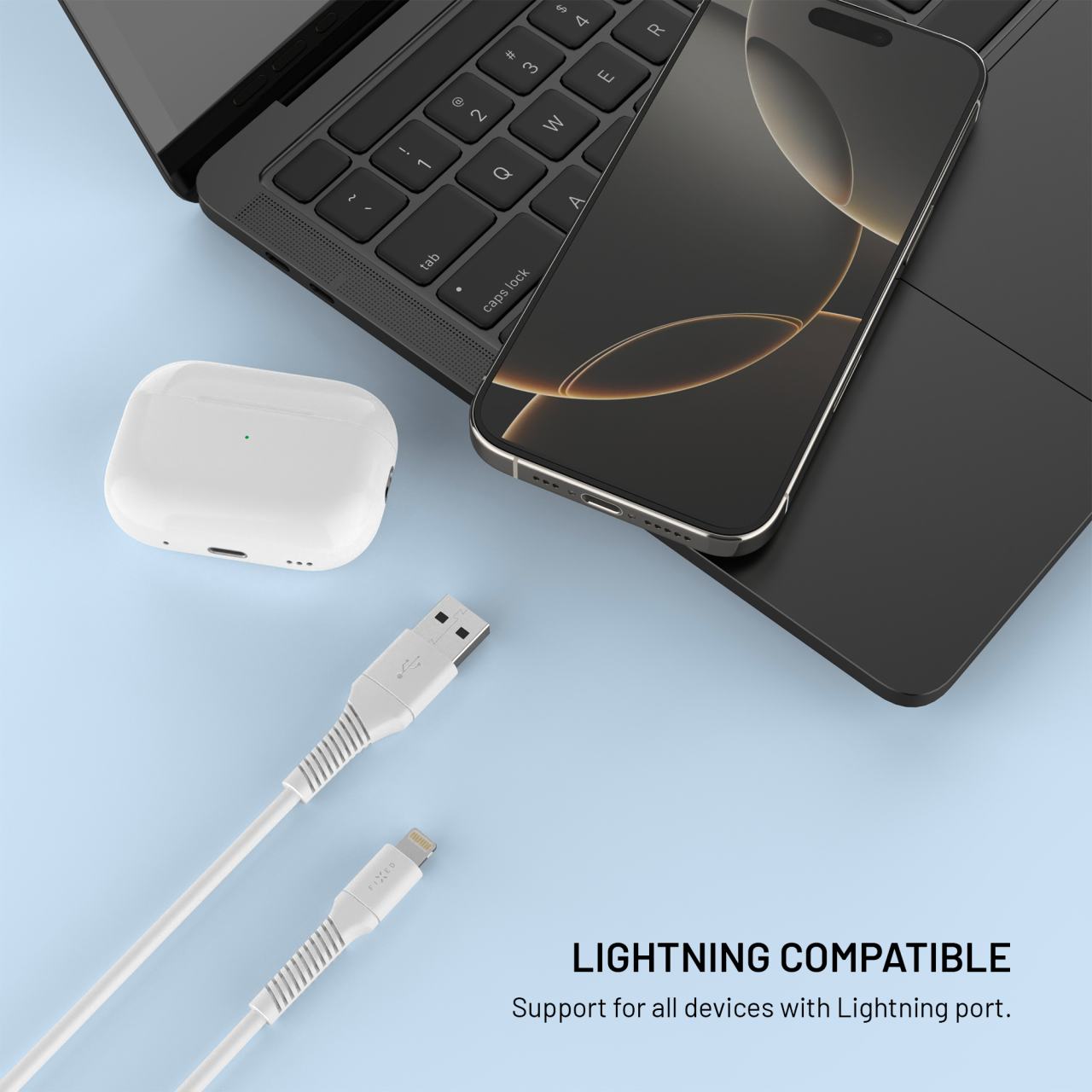 Datový a nabíjecí kabel FIXED s konektory USB/Lightning, 1.2m, USB 2.0, bílý