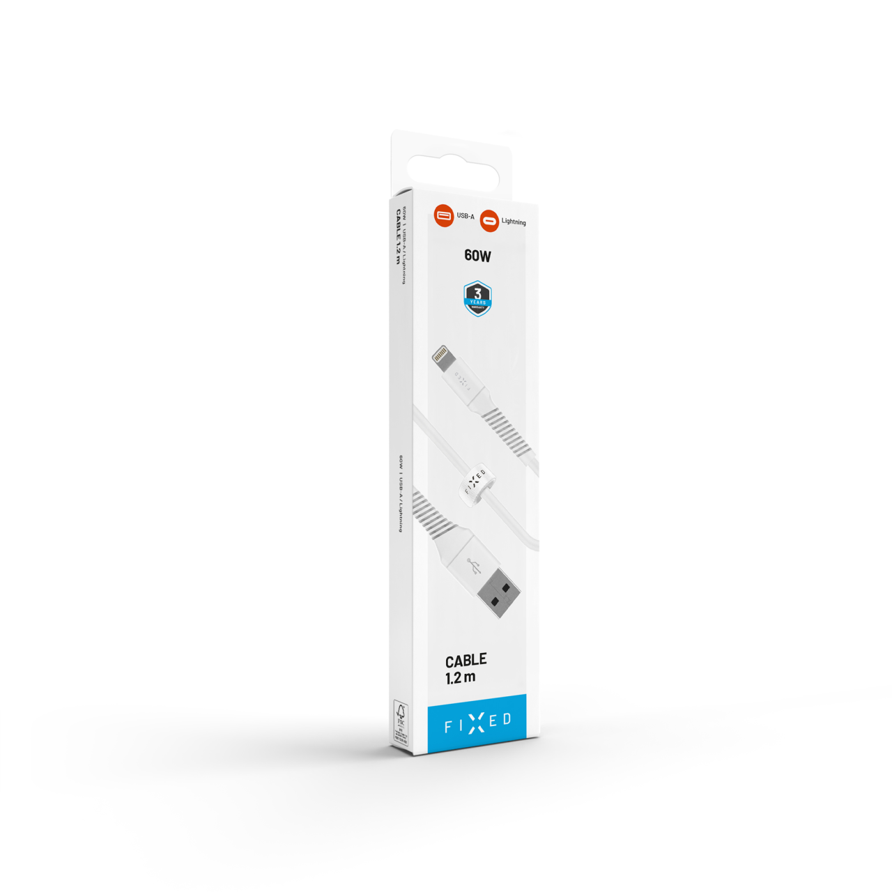Datový a nabíjecí kabel FIXED s konektory USB/Lightning, 1.2m, USB 2.0, bílý