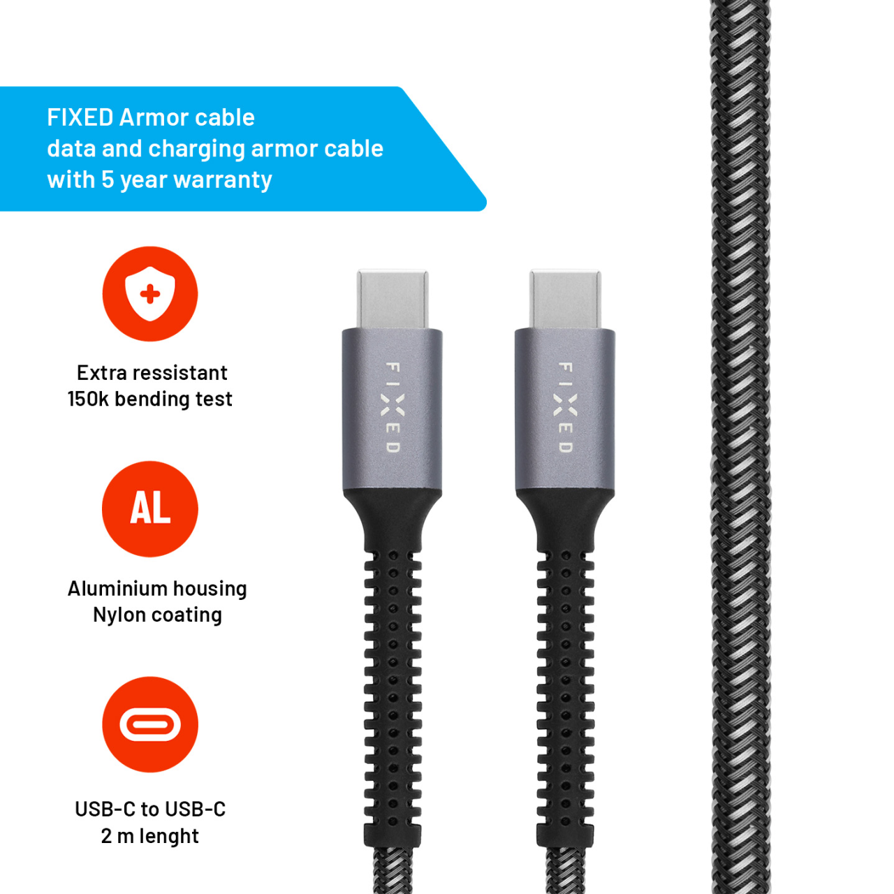FIXED Dlouhý nabíjecí a datový odolný kabel Armor s konektory USB-C/USB-C a podporou PD, 2m, USB 2.0, 240W, šedý