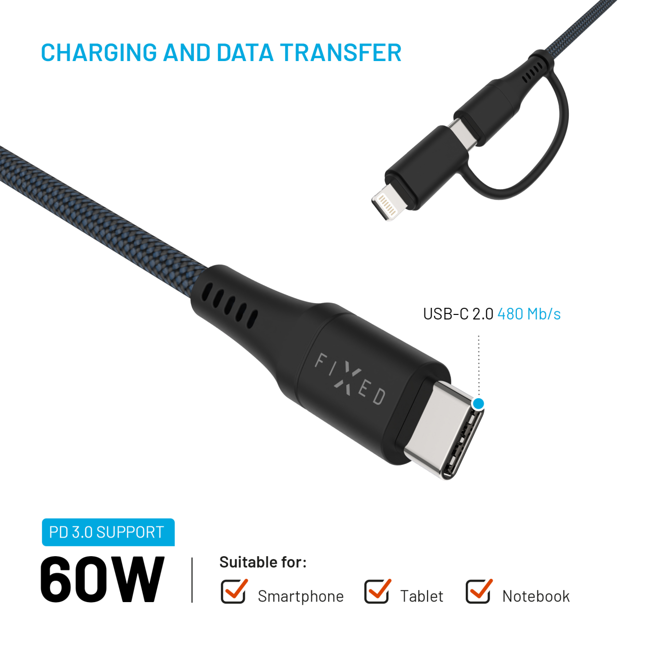 FIXED Nabíjecí a datový opletený kabel s konektory USB-C/USB-C a Lightning adaptérem, PD, 1.2m, MFi, PD 60W, šedý