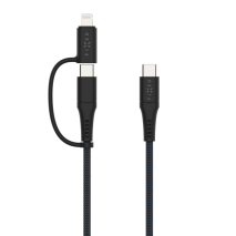 FIXED Nabíjecí a datový opletený kabel s konektory USB-C/USB-C a Lightning adaptérem, PD, 1.2m, MFi, PD 60W, šedý