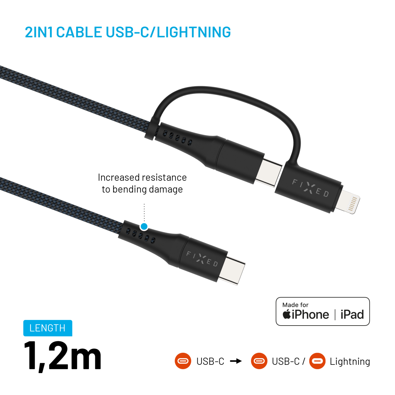 FIXED Nabíjecí a datový opletený kabel s konektory USB-C/USB-C a Lightning adaptérem, PD, 1.2m, MFi, PD 60W, šedý