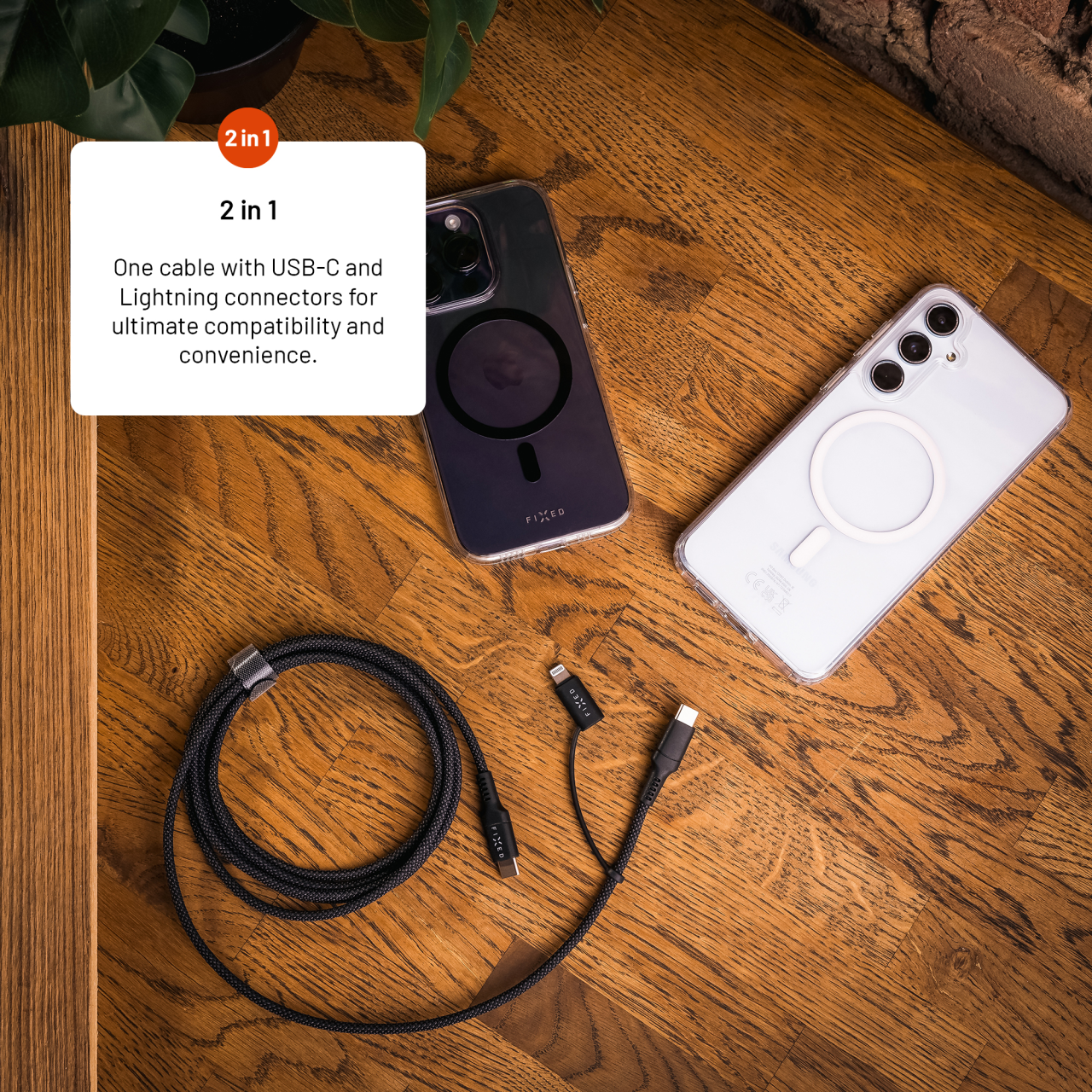 FIXED Dlouhý nabíjecí a datový opletený kabel s konektory USB-C/USB-C a Lightning adaptérem, PD, 2m, MFi, PD 60W, šedý