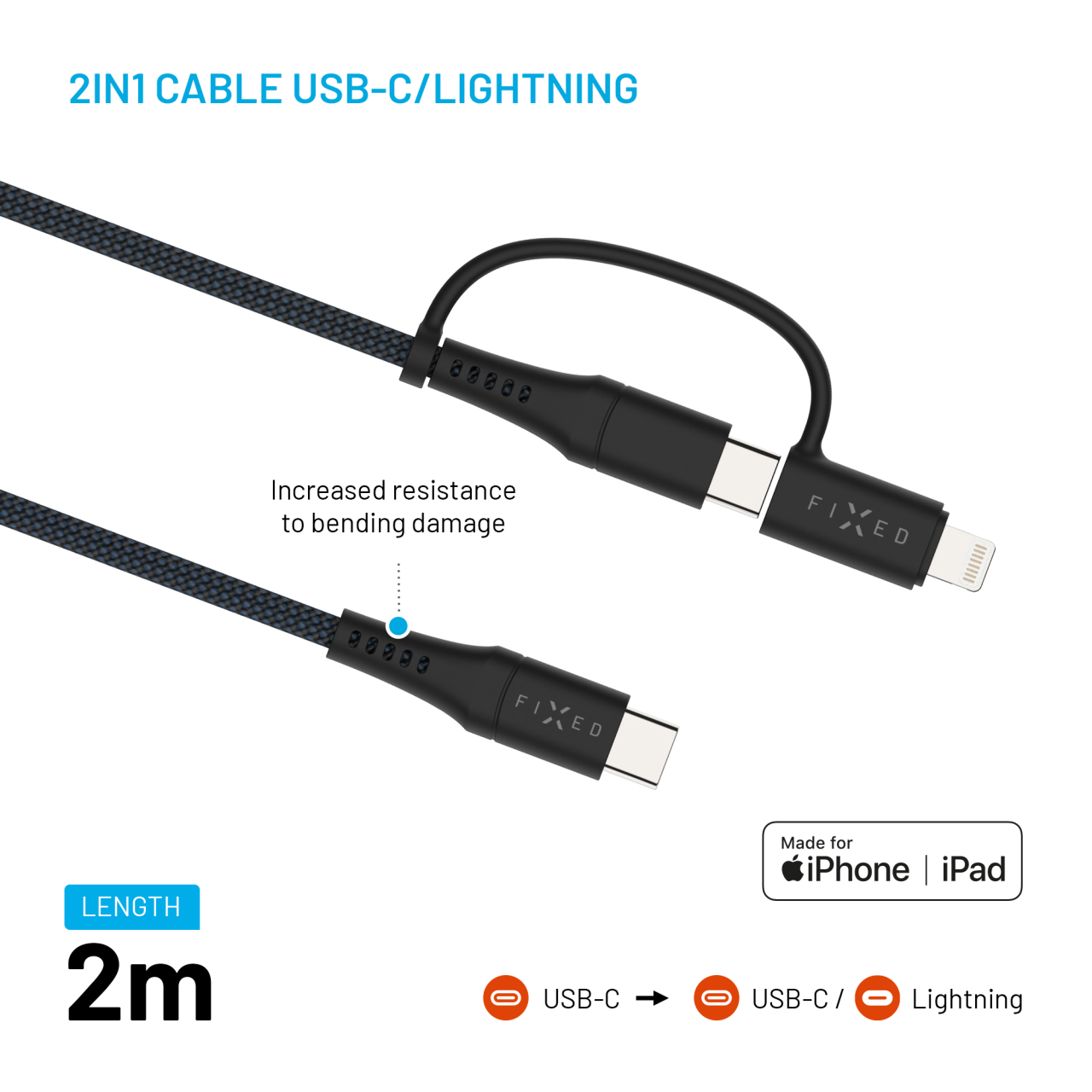 FIXED Dlouhý nabíjecí a datový opletený kabel s konektory USB-C/USB-C a Lightning adaptérem, PD, 2m, MFi, PD 60W, šedý