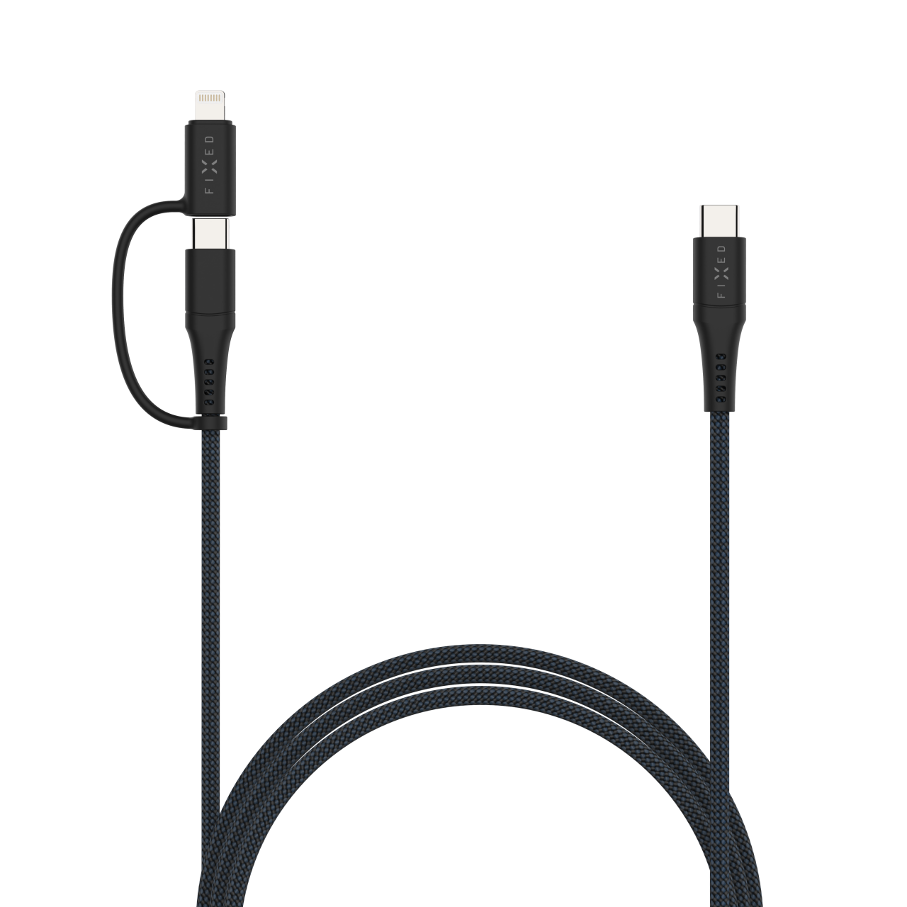 FIXED Dlouhý nabíjecí a datový opletený kabel s konektory USB-C/USB-C a Lightning adaptérem, PD, 3m, MFi, PD 60W, šedý