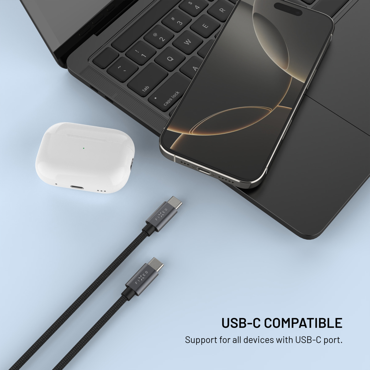 Opletený kabel FIXED Power Watch Cable s konektory USB-C/USB-C a Apple/Samsung Watch nabíječkou, 1.5m, PD 60W, šedý