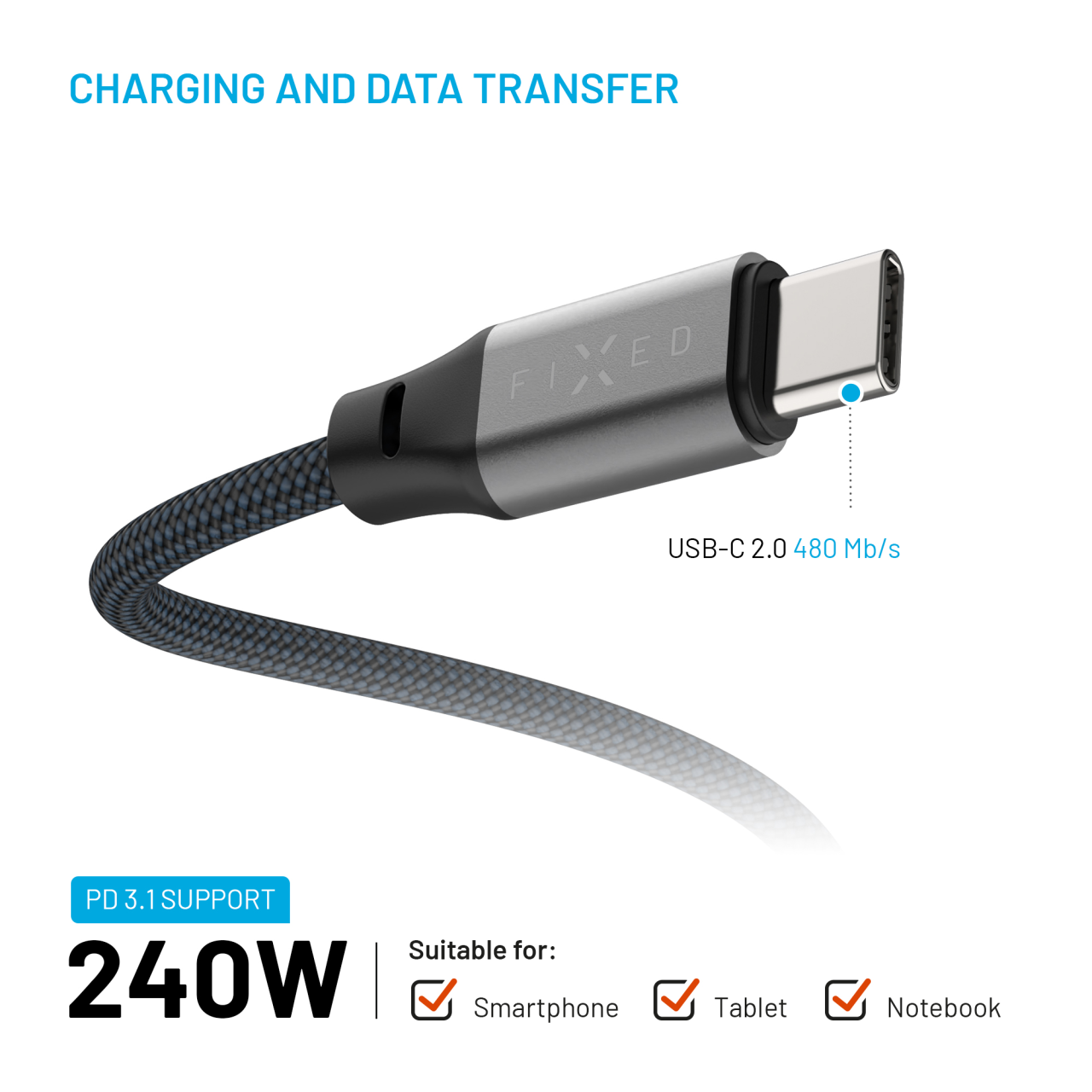 FIXED Magnetický nabíjecí a datový opletený kabel s konektory USB-C/USB-C a podporou PD, 1.2m, USB 2.0, 240W, šedý