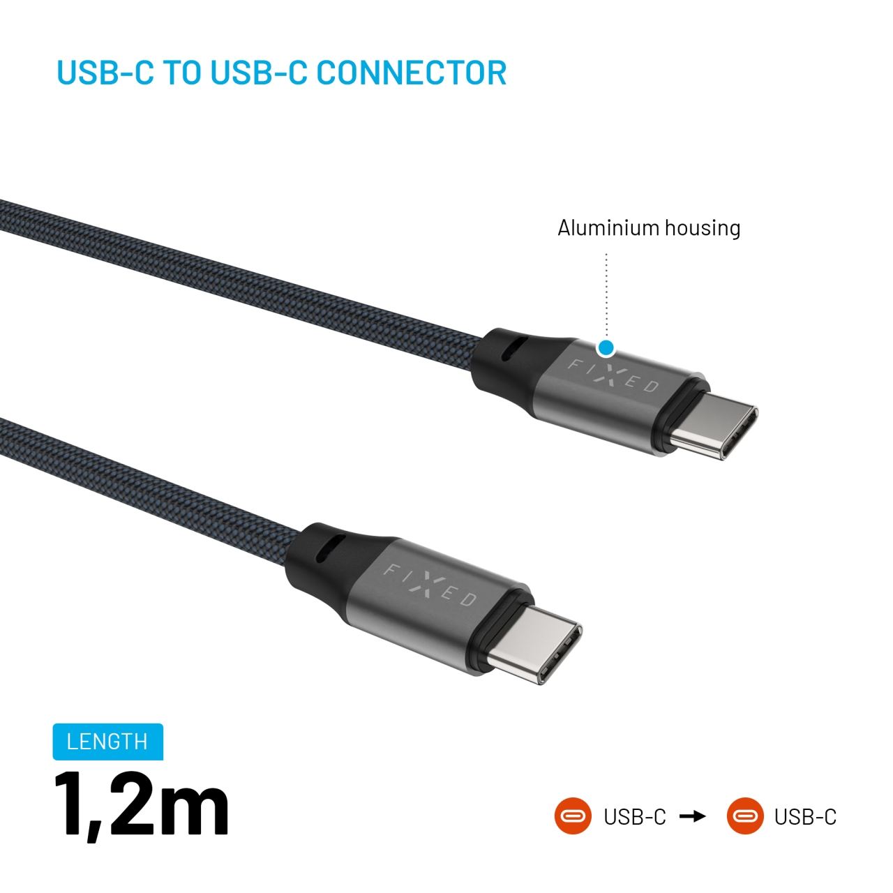 FIXED Magnetický nabíjecí a datový opletený kabel s konektory USB-C/USB-C a podporou PD, 1.2m, USB 2.0, 240W, šedý