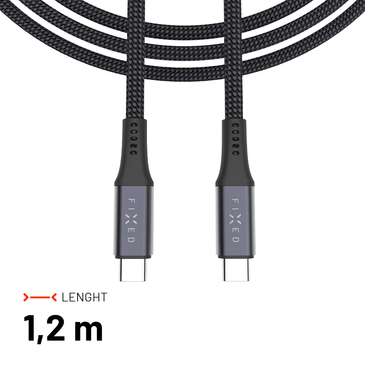 FIXED Nabíjecí a datový opletený kabel s konektory USB-C/USB-C, PD 3.1, 1.2 m, USB4gen2 20Gbps, 4K60Hz, 240W, šedý