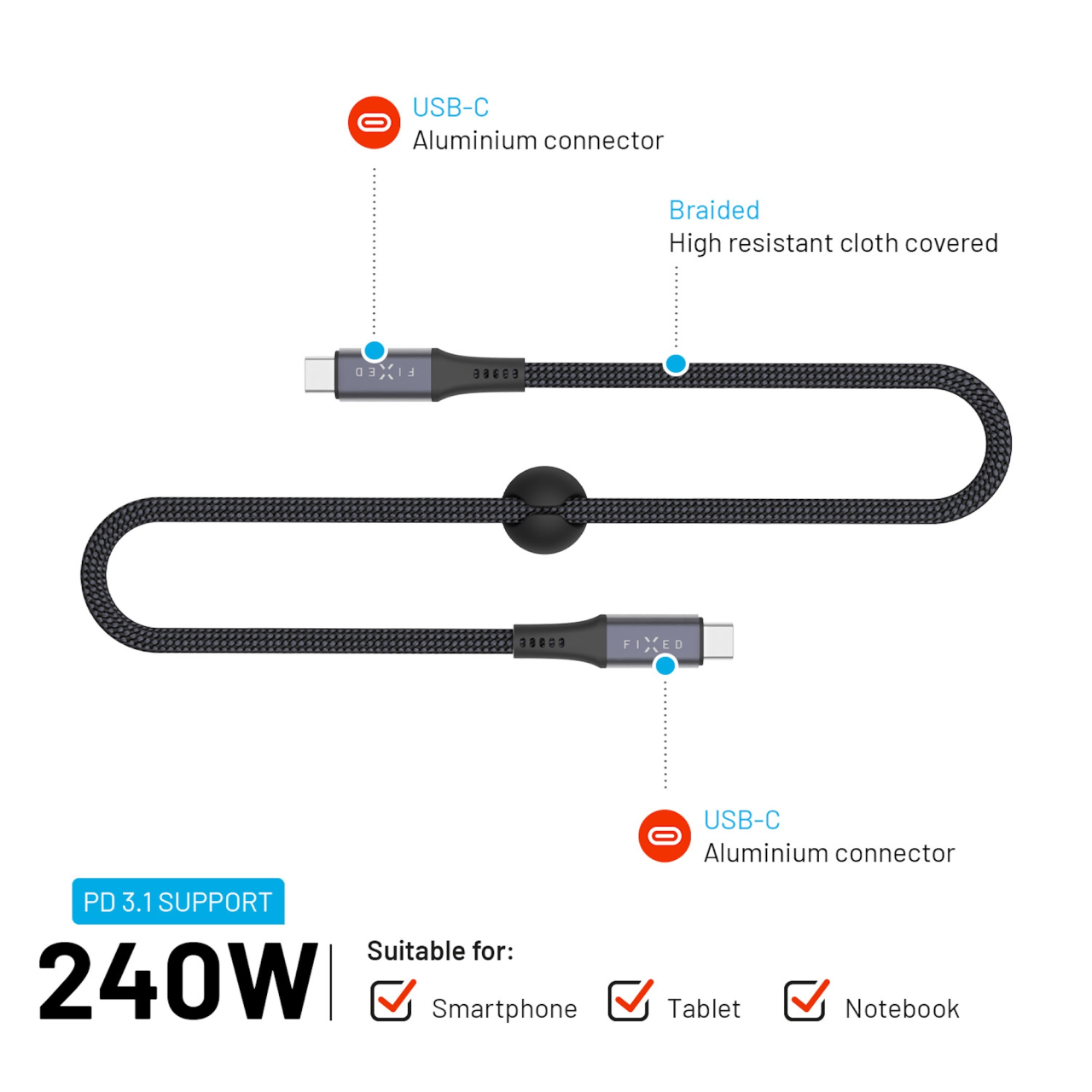 FIXED Dlouhý nabíjecí a datový opletený kabel s konektory USB-C/USB-C, PD 3.1, 2 m, USB4gen2 20Gbps, 4K60Hz, 240W, šedý