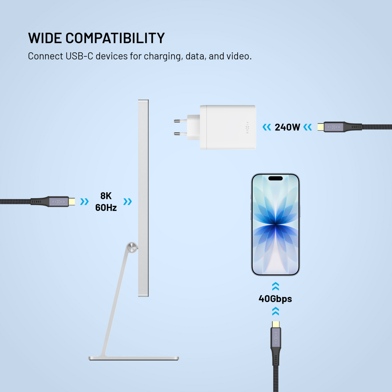 Opletený kabel s konektory USB-C/USB-C, PD 3.1, 2m, USB4 Gen3 40Gbps, 8K60Hz, 240W - Fixed Media Cable, černý