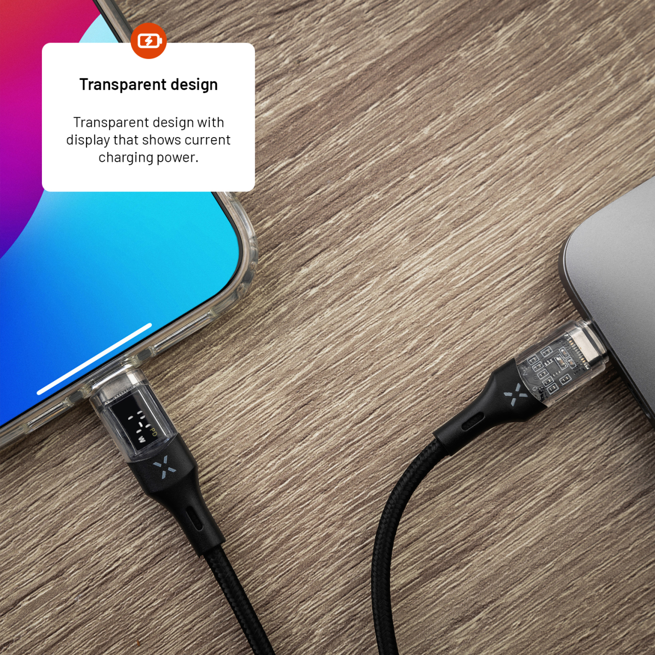 FIXED Nabíjecí a datový kabel s displejem s konektory USB-C/USB-C a podporou PD, 1.2m, USB 2.0, 100W, černý