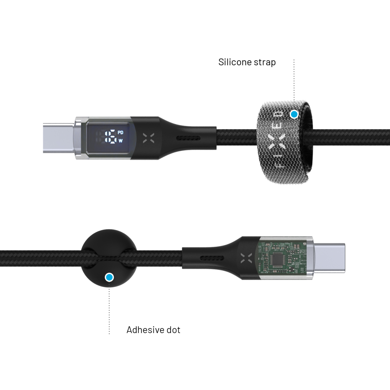 FIXED Nabíjecí a datový kabel s displejem s konektory USB-C/USB-C a podporou PD, 1.2m, USB 2.0, 100W, černý