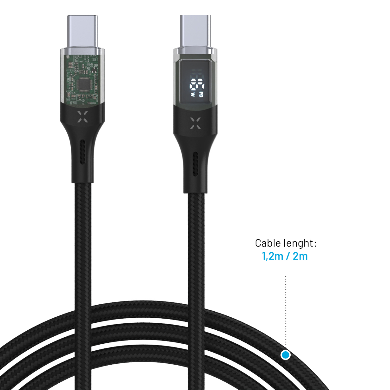 FIXED Nabíjecí a datový kabel s displejem s konektory USB-C/USB-C a podporou PD, 2m, USB 2.0, 100W, černý