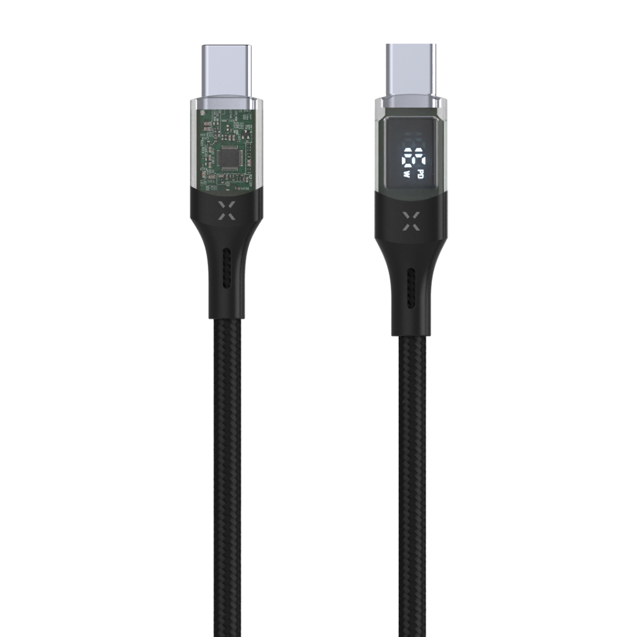 FIXED Nabíjecí a datový kabel s displejem s konektory USB-C/USB-C a podporou PD, 2m, USB 2.0, 100W, černý