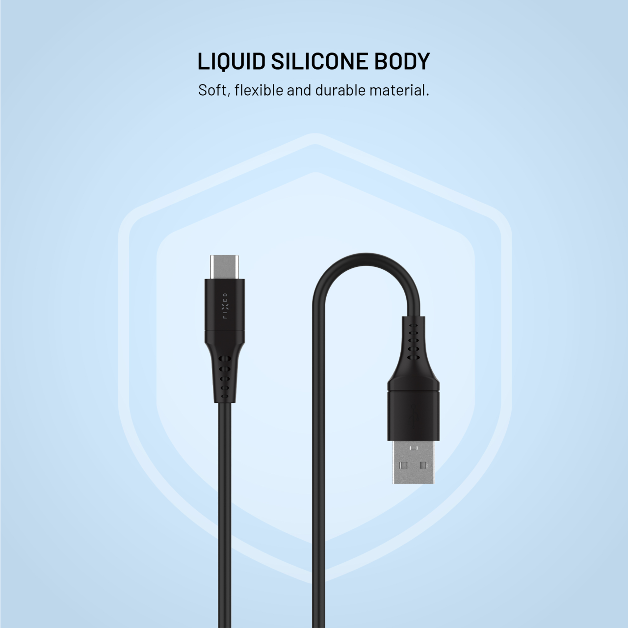 Krátký nabíjecí a datový Liquid silicone kabel FIXED s konektory USB/USB-C a podporou PD, 0.3m, USB 2.0, 60W, černý