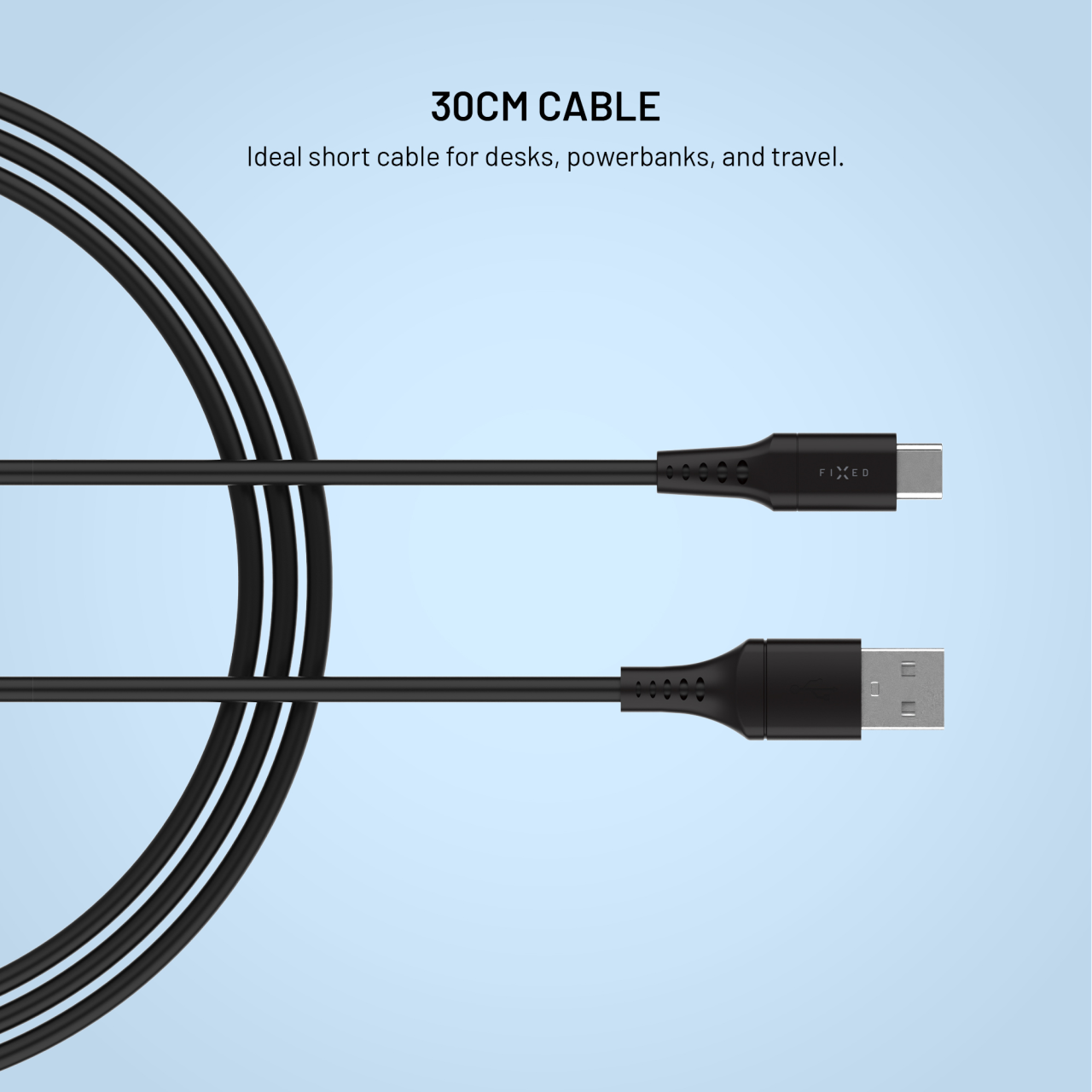 Krátký nabíjecí a datový Liquid silicone kabel FIXED s konektory USB/USB-C a podporou PD, 0.3m, USB 2.0, 60W, černý