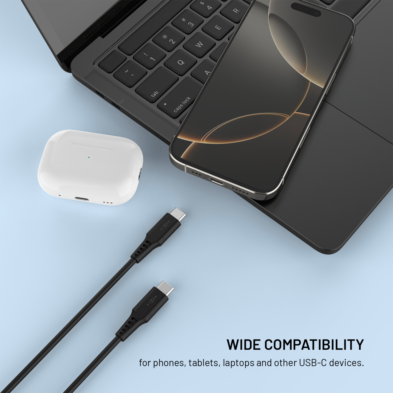 Krátký nabíjecí a datový Liquid silicone kabel FIXED s konektory USB-C/USB-C a podporou PD, 0.3m, USB 2.0, 60W, černý