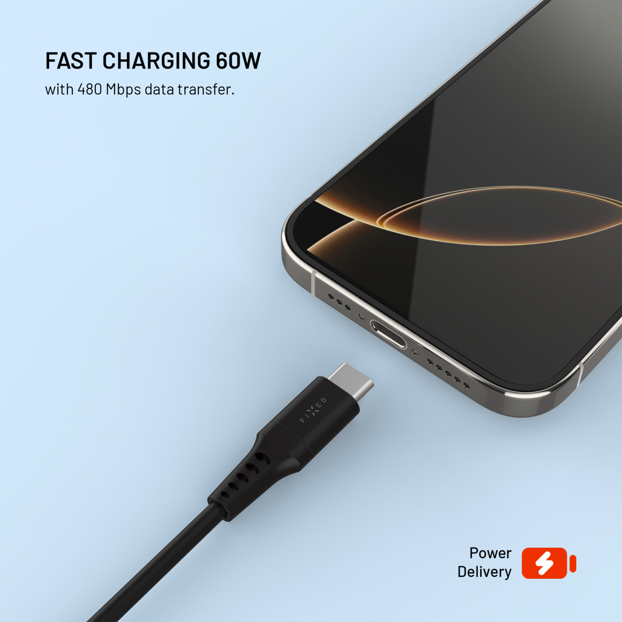 Krátký nabíjecí a datový Liquid silicone kabel FIXED s konektory USB-C/USB-C a podporou PD, 0.3m, USB 2.0, 60W, černý