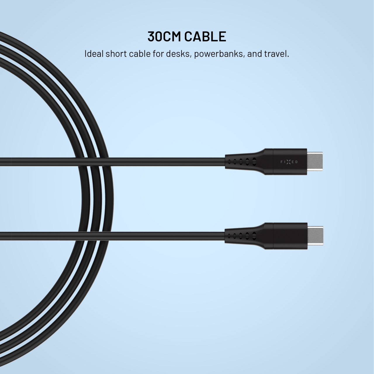Krátký nabíjecí a datový Liquid silicone kabel FIXED s konektory USB-C/USB-C a podporou PD, 0.3m, USB 2.0, 60W, černý