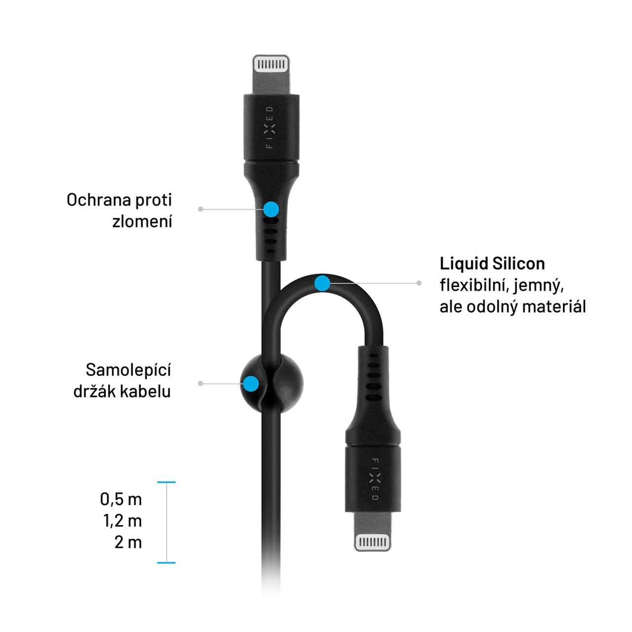 FIXED Nabíjecí a datový Liquid silicone kabel s konektory USB-C/Lightning a podporou PD, 1.2m, MFI, černý