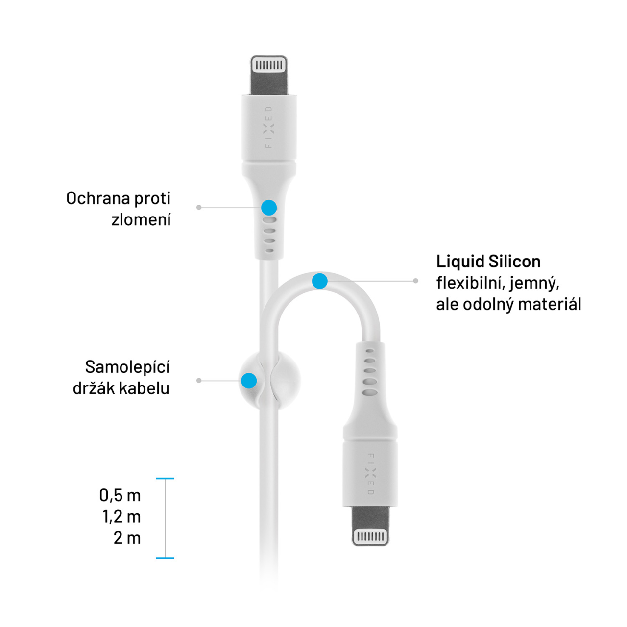 FIXED Nabíjecí a datový Liquid silicone kabel s konektory USB-C/Lightning a podporou PD, 1.2m, MFI, bílý