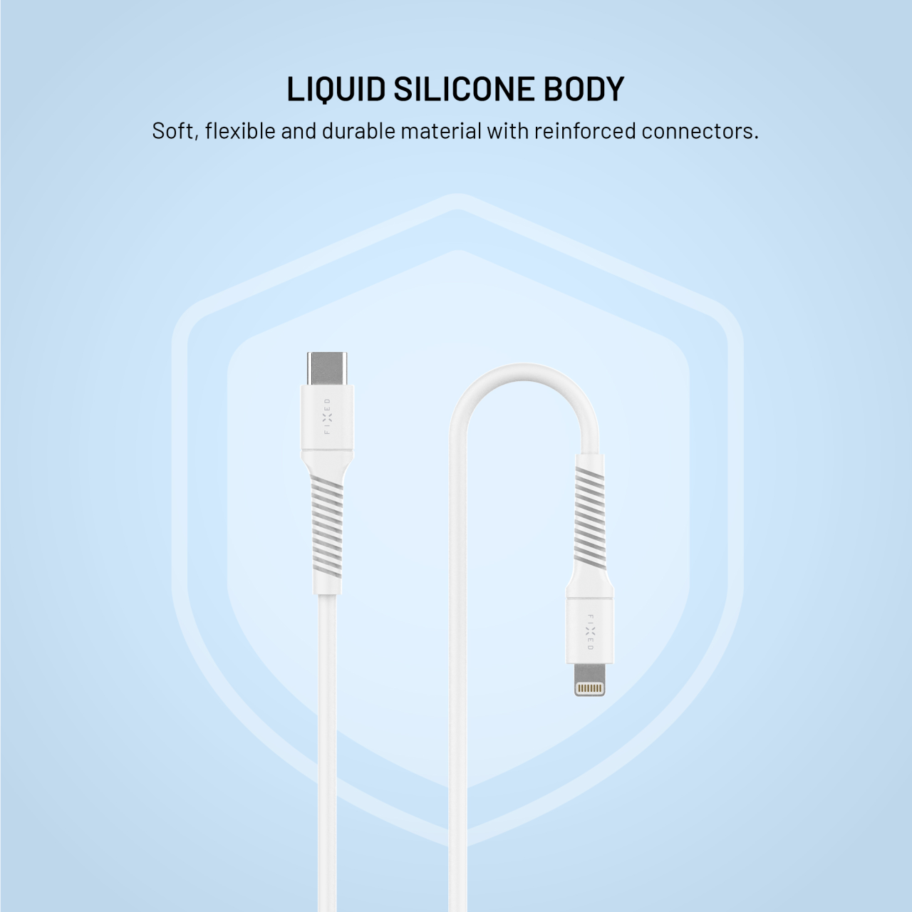 Nabíjecí a datový Liquid silicone kabel FIXED s konektory USB-C/Lightning a podporou PD, 1.2m, USB 2.0, 60W, bílý