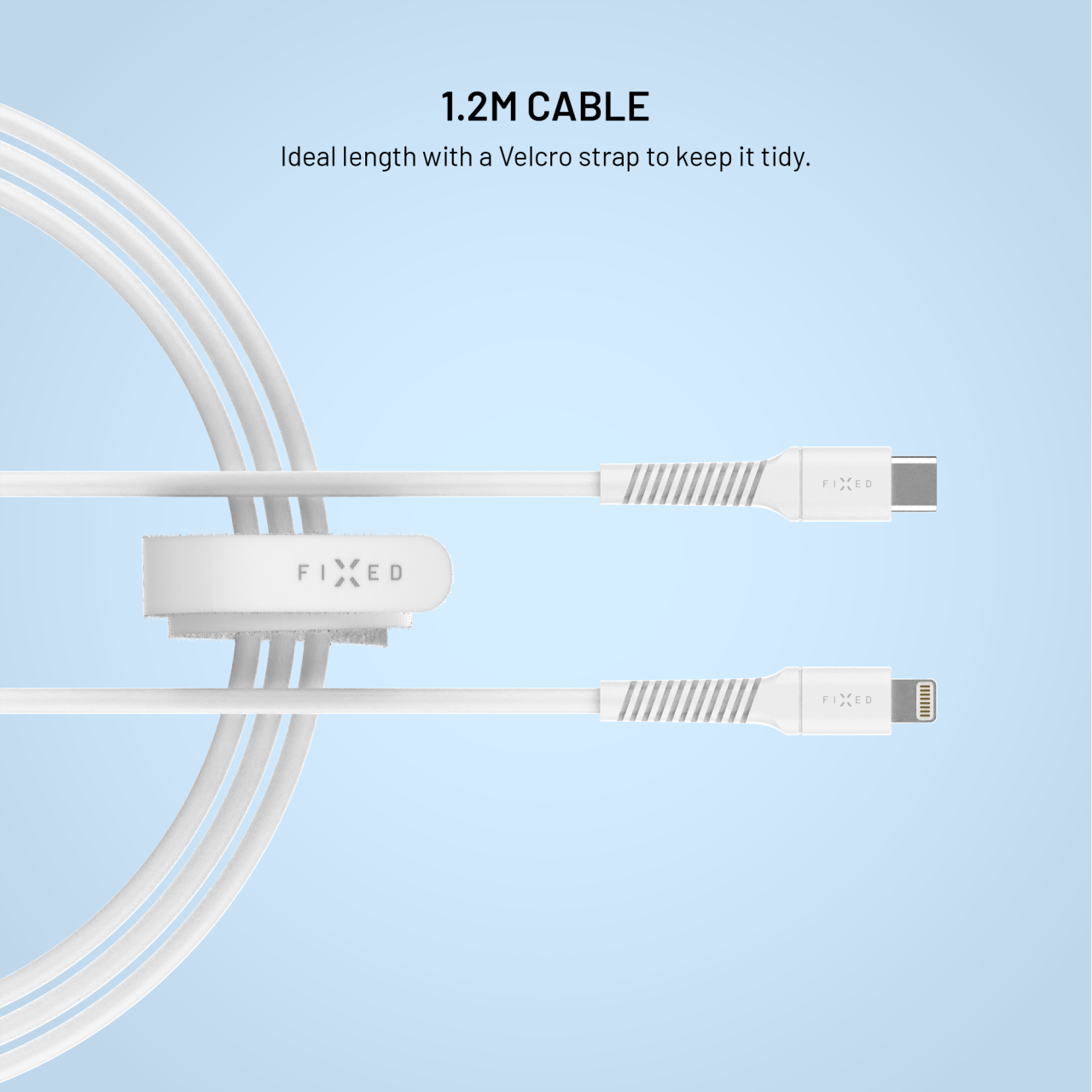 Nabíjecí a datový Liquid silicone kabel FIXED s konektory USB-C/Lightning a podporou PD, 1.2m, USB 2.0, 60W, bílý