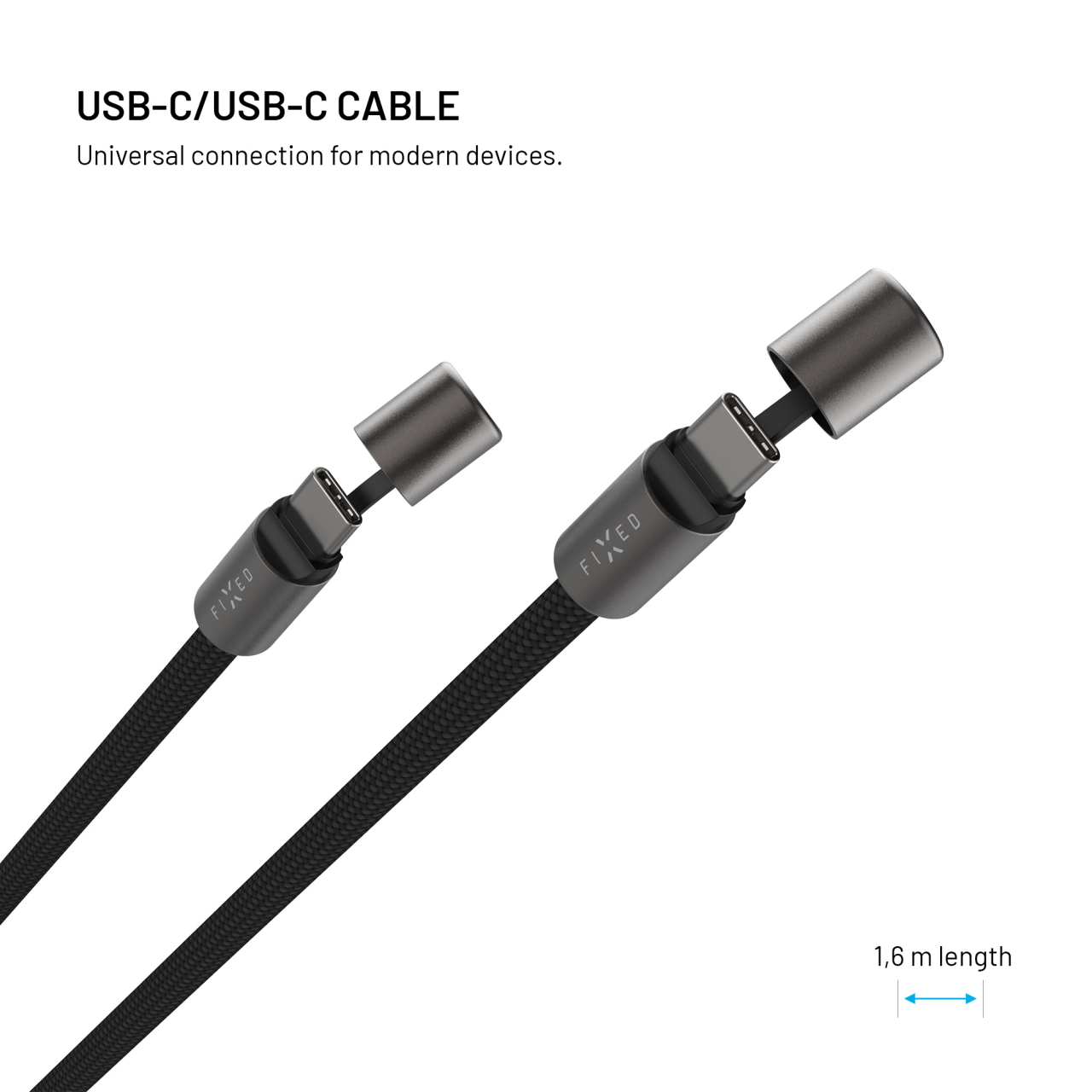 Opletený kabel FIXED Neck Cable pro telefony se zadním krytem s konektory USB-C/USB-C, 1.6m, PD 60W, 480Mbps, černý