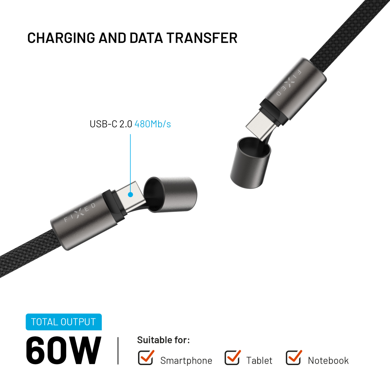 Opletený kabel FIXED Neck Cable pro telefony se zadním krytem s konektory USB-C/USB-C, 1.6m, PD 60W, 480Mbps, černý
