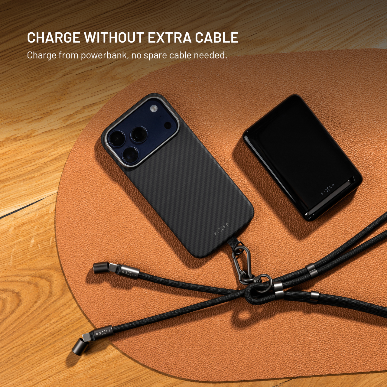 Opletený kabel FIXED Neck Cable pro telefony se zadním krytem s konektory USB-C/USB-C, 1.6m, PD 60W, 480Mbps, černý