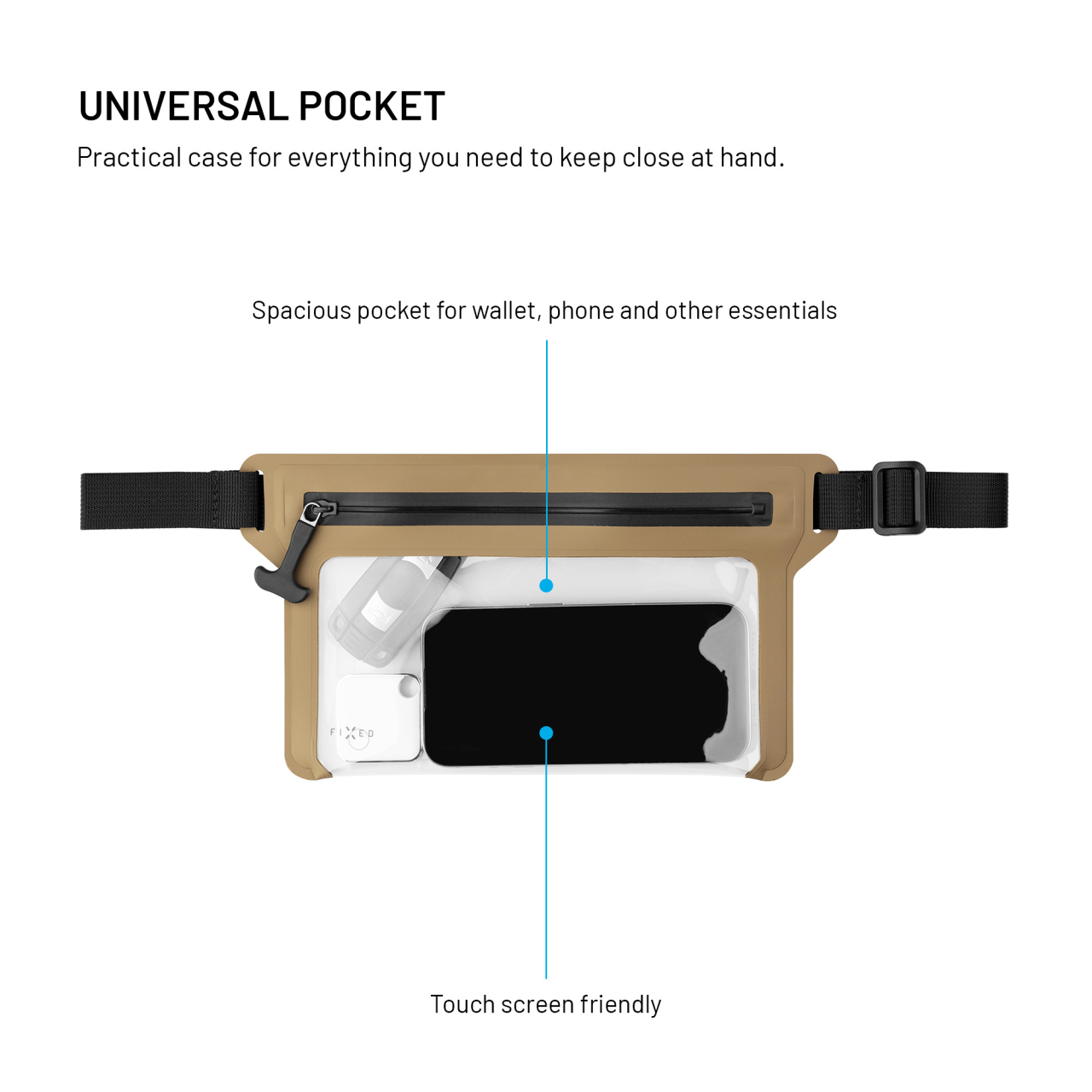 Voděodolné pouzdro FIXED Dry Belt okolo pasu z hypalonu s certifikací IPX8, khaki