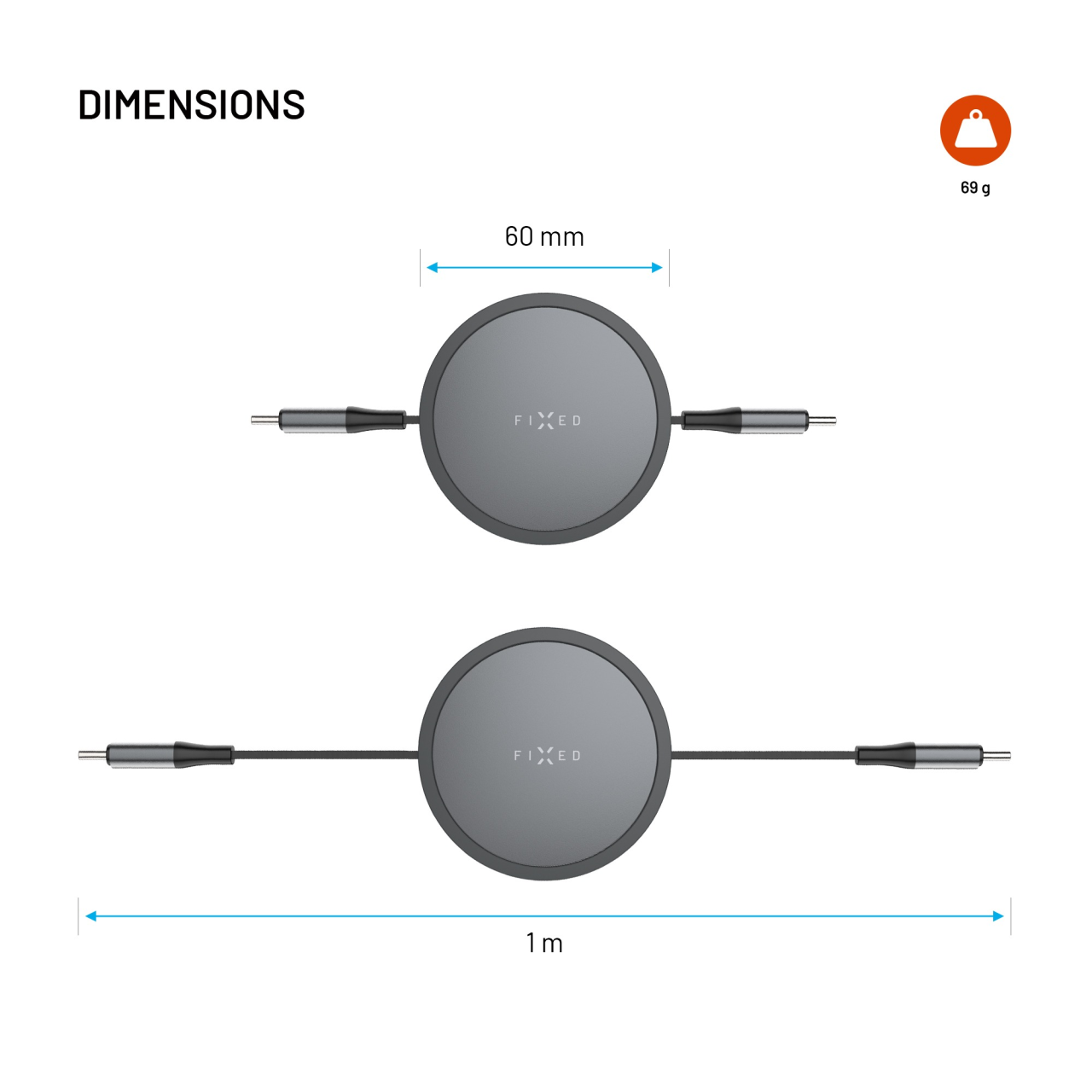 Navíjecí kabel FIXED Retractable Cable s konektory USB-C/USB-C, 1m, PD 100W, 480Mbps, šedý