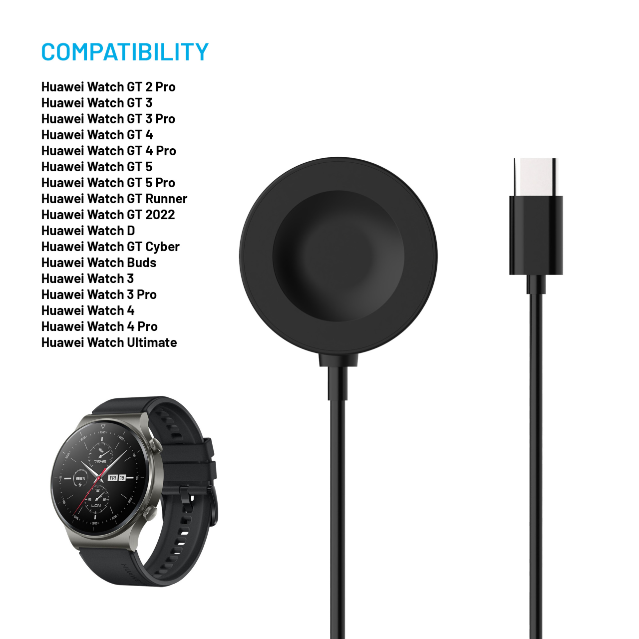 FIXED Nabíjecí USB-C kabel pro Huawei Watch GT 2 Pro/3/3 Pro/4/4 Pro/5/5 Pro, černý