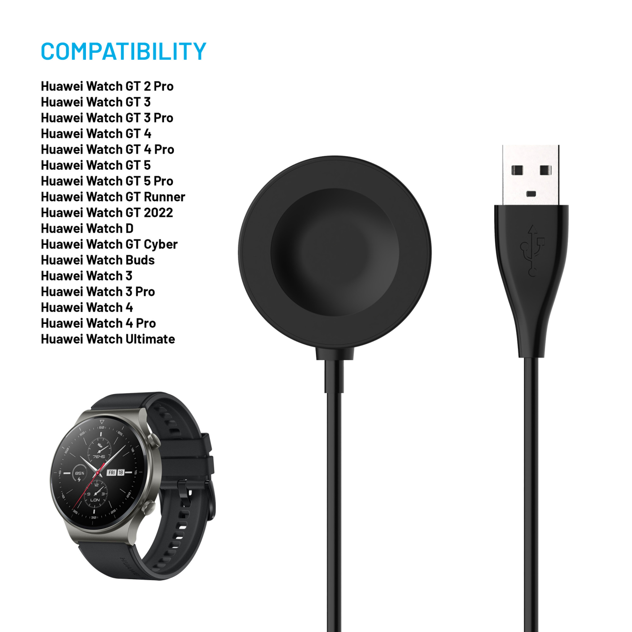 FIXED Nabíjecí USB-A kabel pro Huawei Watch GT 2 Pro/3/3 Pro/4/4 Pro/5/5 Pro, černý