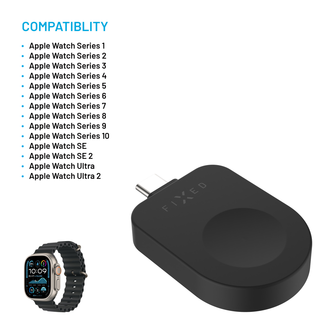 Nabíjecí USB-C adaptér FIXED pro Apple Watch kompatibilní s Powerstation Uni, černý