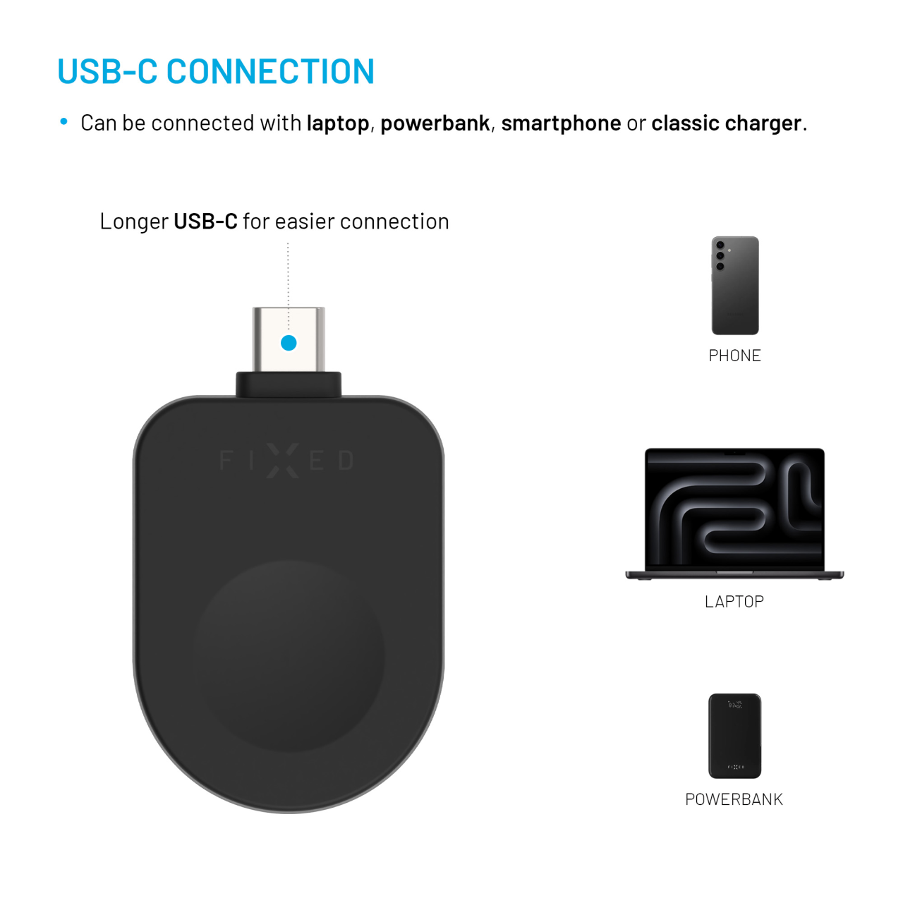 Nabíjecí USB-C adaptér FIXED pro Apple Watch kompatibilní s Powerstation Uni, černý